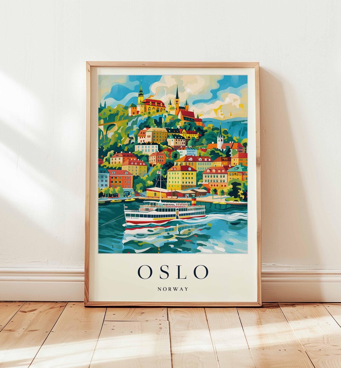 Oslo Harbor Ferry Boat Hilltop Church Bright Sunny Daytime Poster