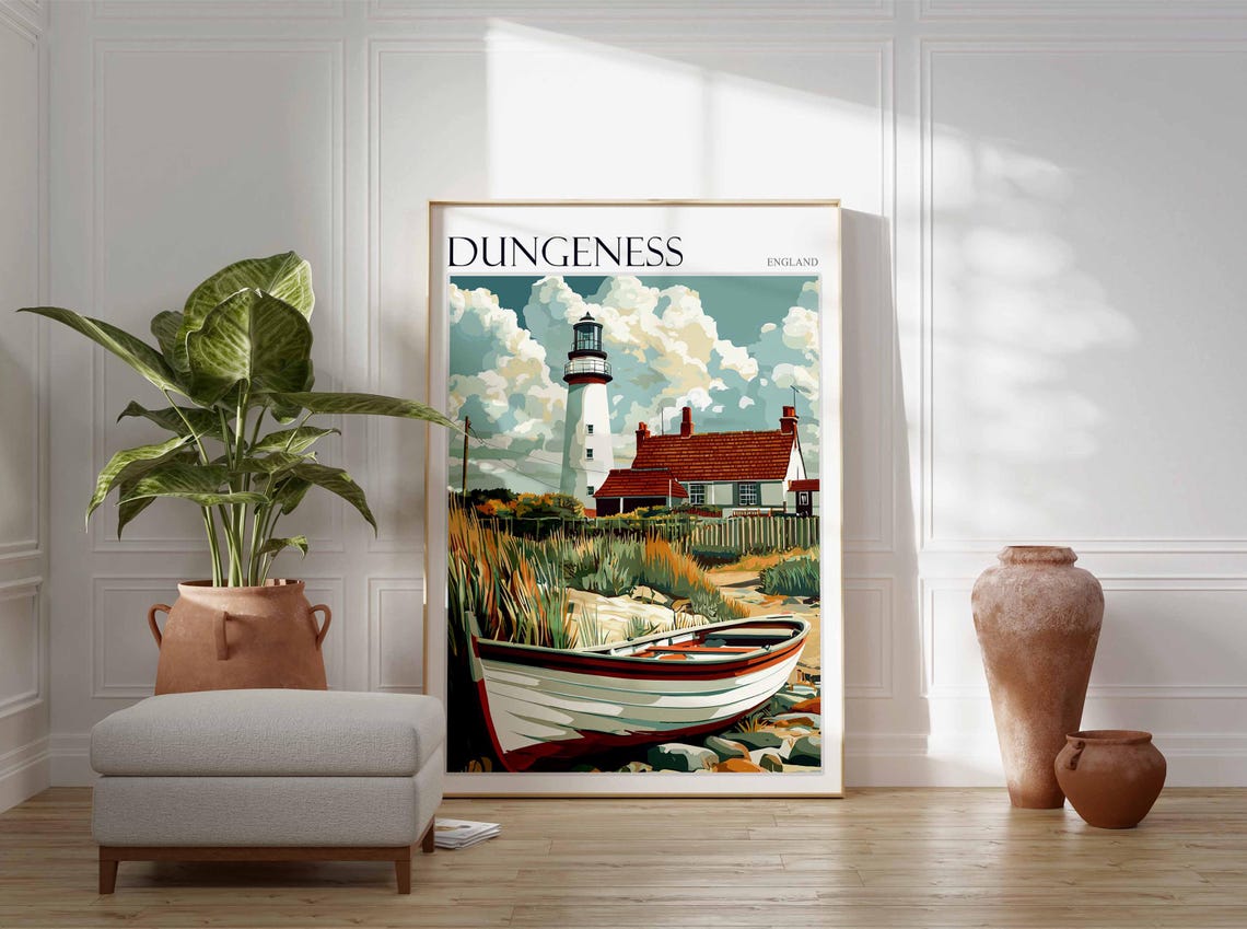 Dungeness England Lighthouse and Rowboat Coastal Scene Poster - Image 3