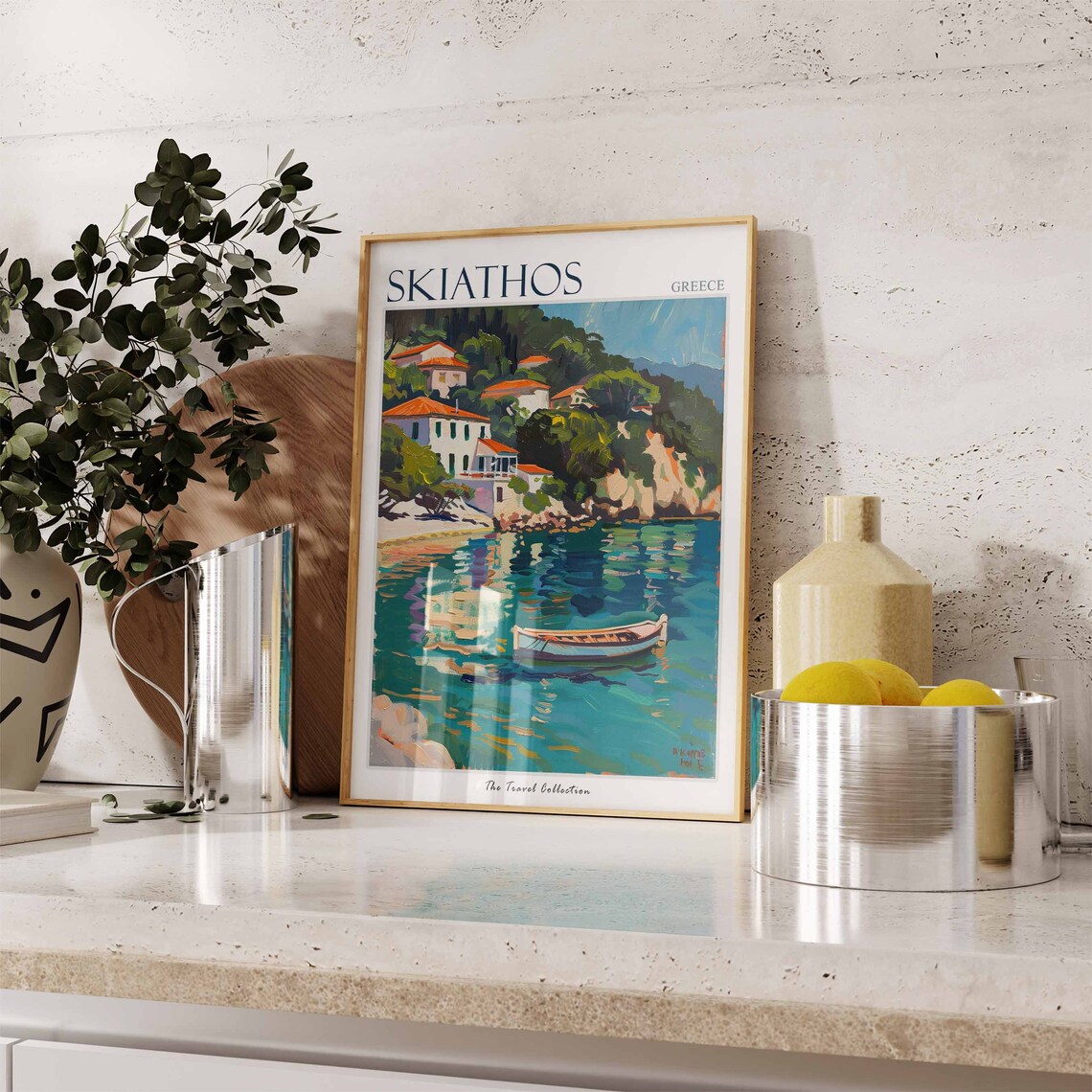 Skiathos Greece Harbor Rowboat White Houses Coastal Travel Poster - Image 2