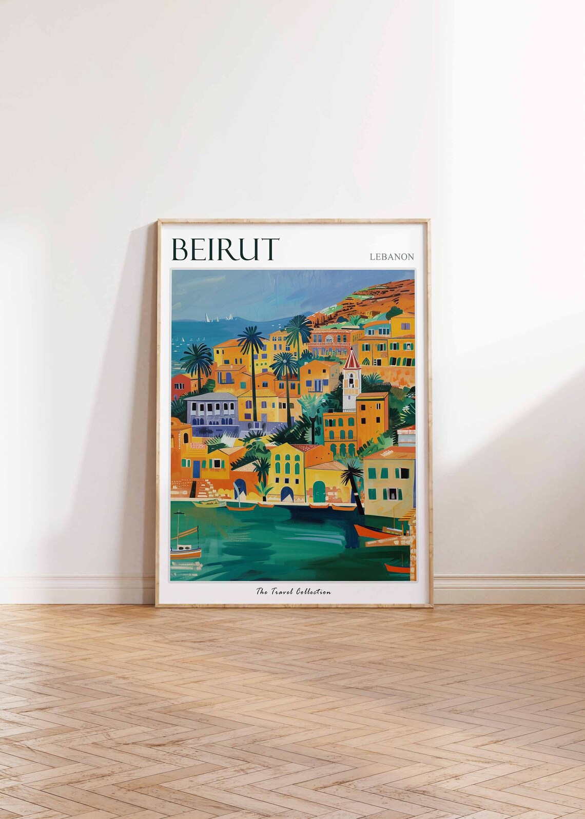 Beirut Lebanon Tropical Harbor Palm Trees Painting Travel Poster - Image 2