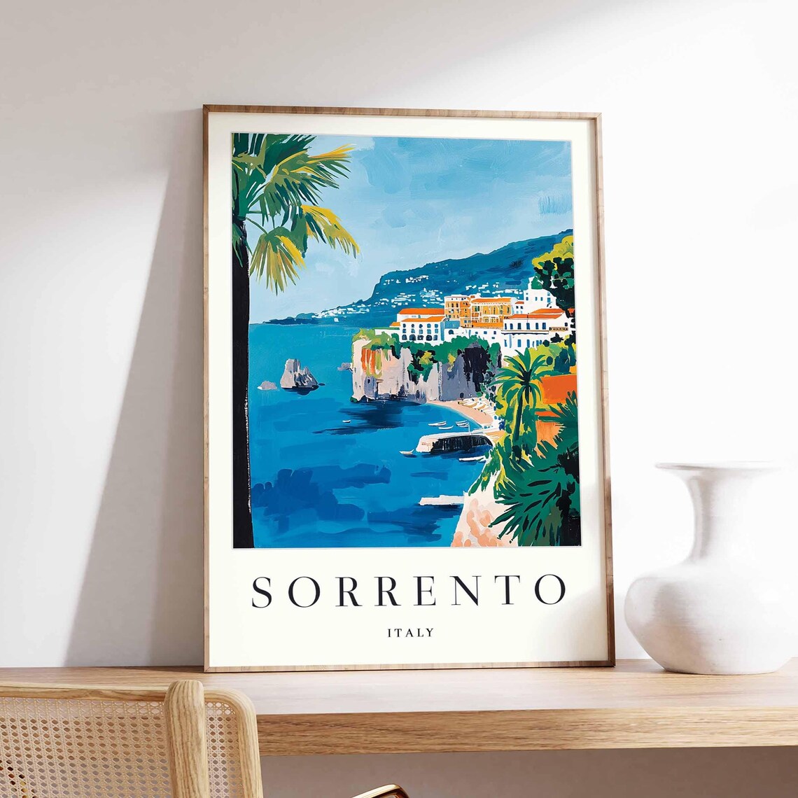 Sorrento Italy Bay View Palm Framed Cliffs Boats Seaside Travel Poster