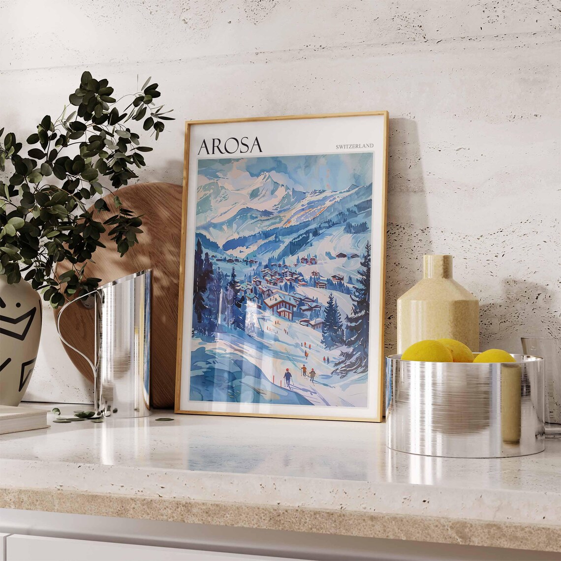 Arosa Switzerland Blue Valley Village Skiers Soft Pastel Peaks Poster - Image 2