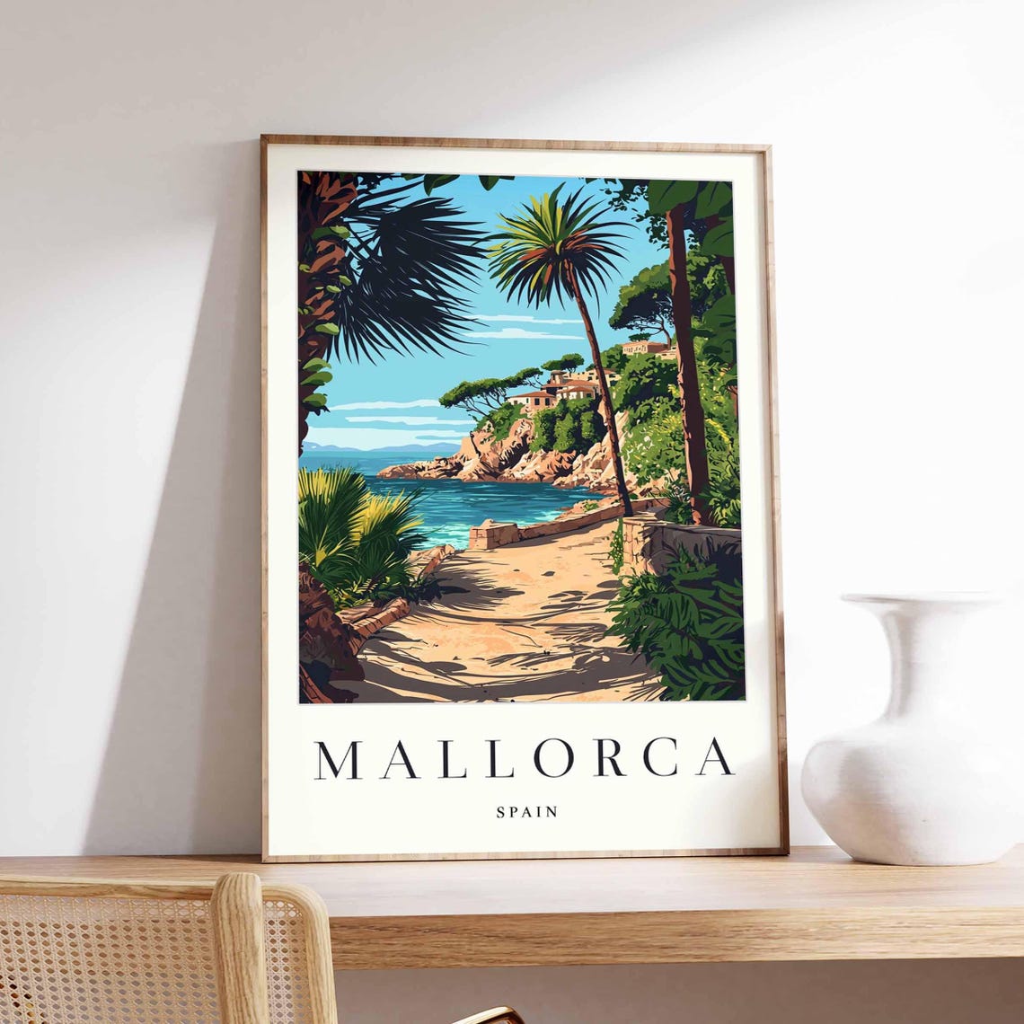 Mallorca Spain Palm Tree Path Hidden Cove View Vivid Art Poster