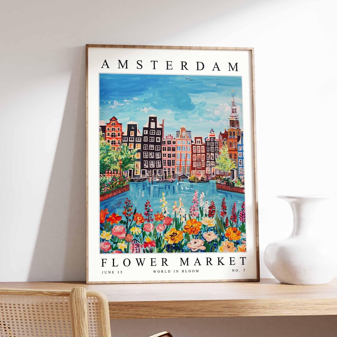 Amsterdam Flower Market Flower Barges Gabled Houses Canal Scene Poster