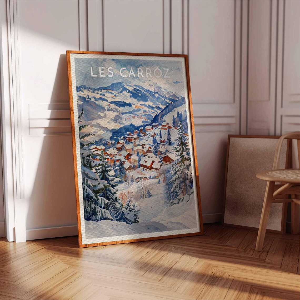Les Carroz France Watercolor Snowy Alpine Village Ski Travel Poster - Image 3