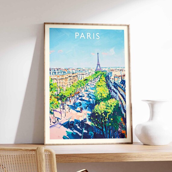 Paris Poster France Travel Print Eiffel Tower Cityscape Wall Decor Louvre Museum View Parisian City Gift