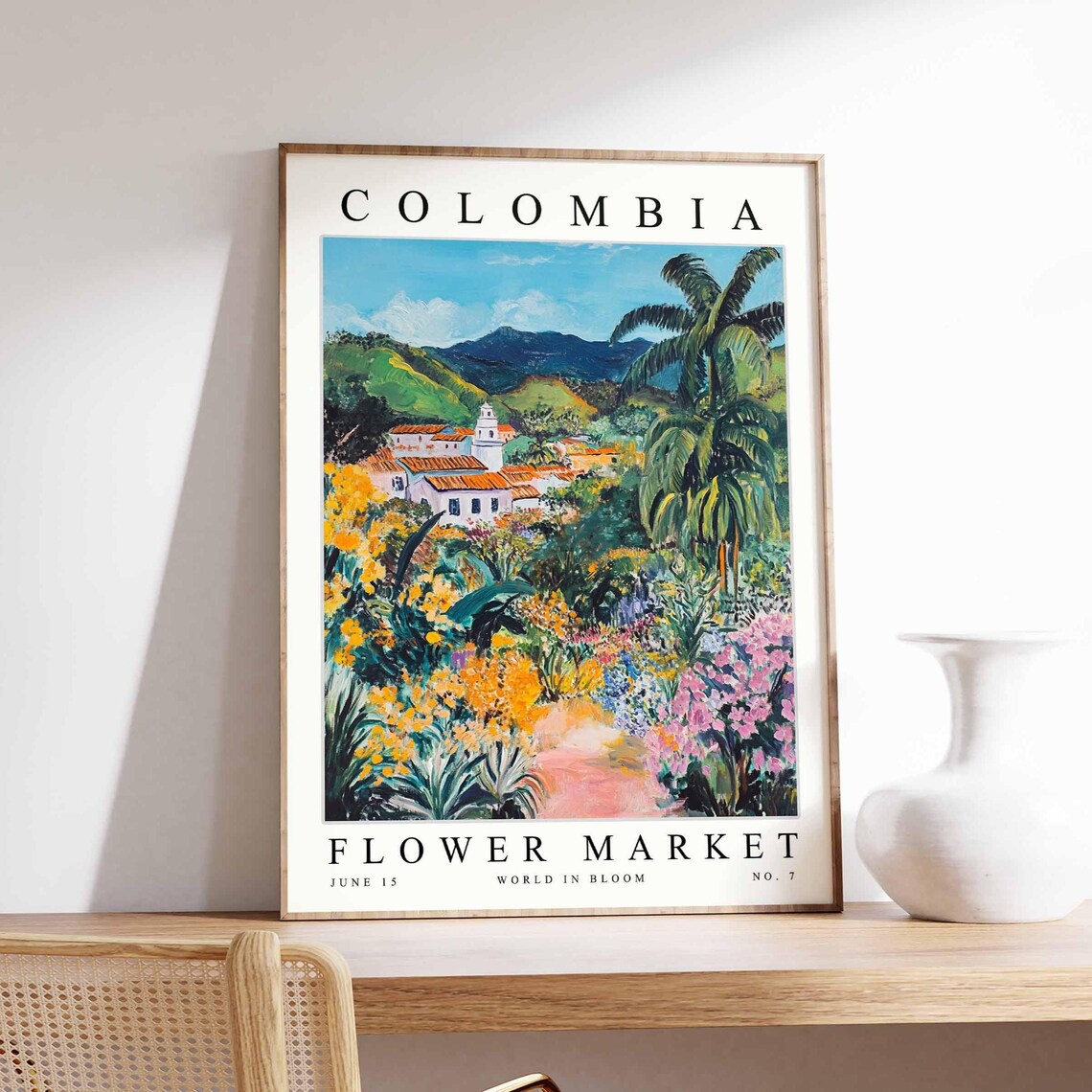 Colombia Flower Market Mountain Town Garden Botanical Travel Poster