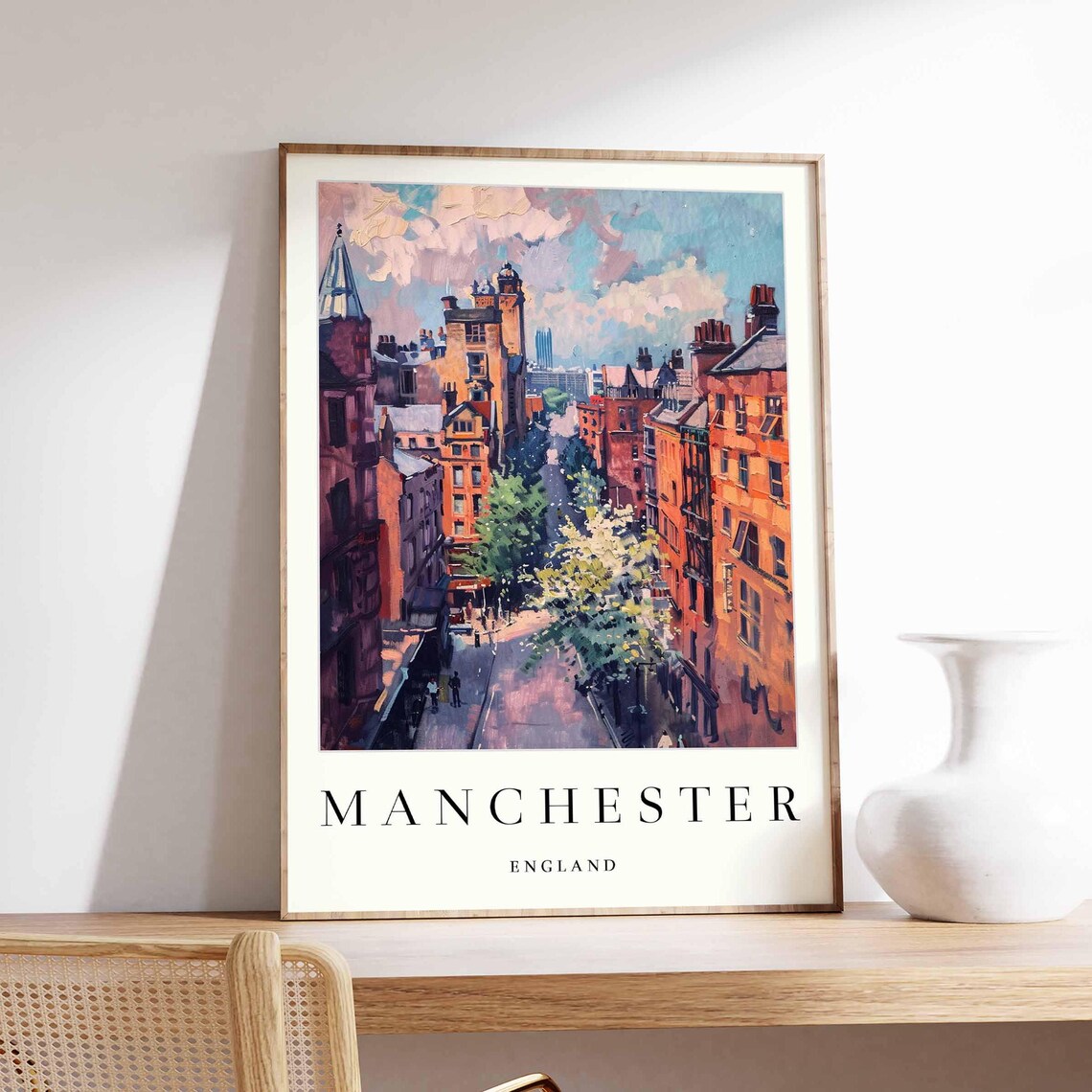 Manchester England Historic Buildings Tree Lined Street Poster