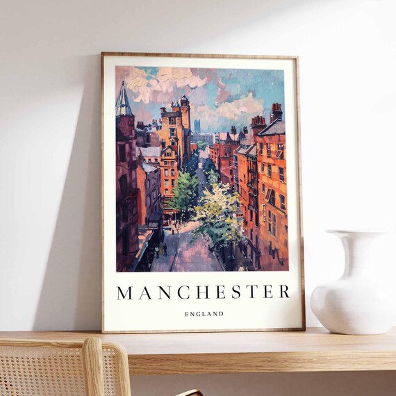 Manchester England Historic Buildings Tree Lined Street Poster