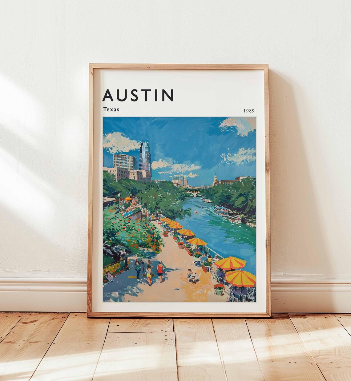 Austin Texas 1989 Vintage Skyline Riverside Cafes and Trail Art Poster