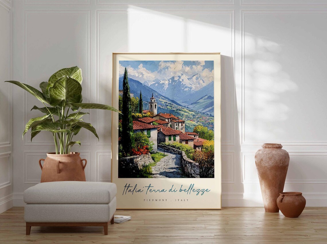 Piedmont Italy Alpine Village Snowy Peaks Painting Travel Poster - Image 3