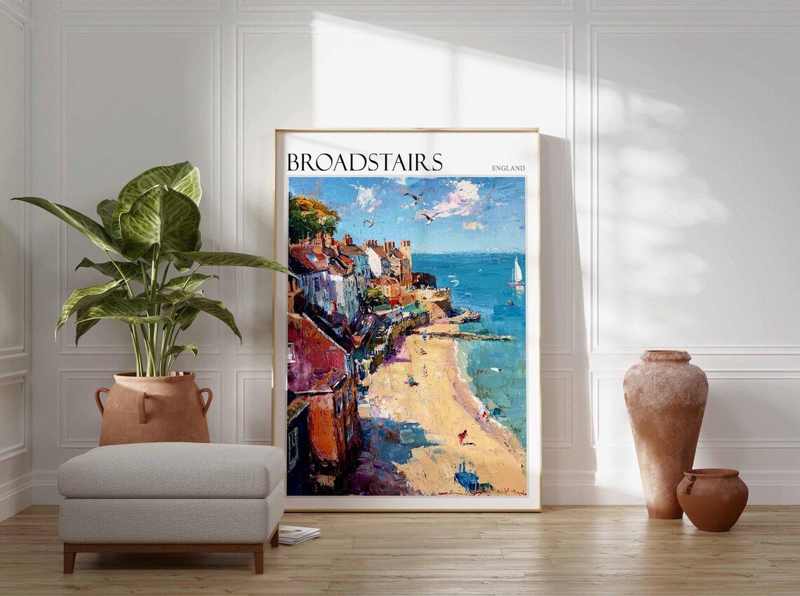 Broadstairs Kent Impasto Aerial Beach View Sailboat Oil Painting Poster - Image 3