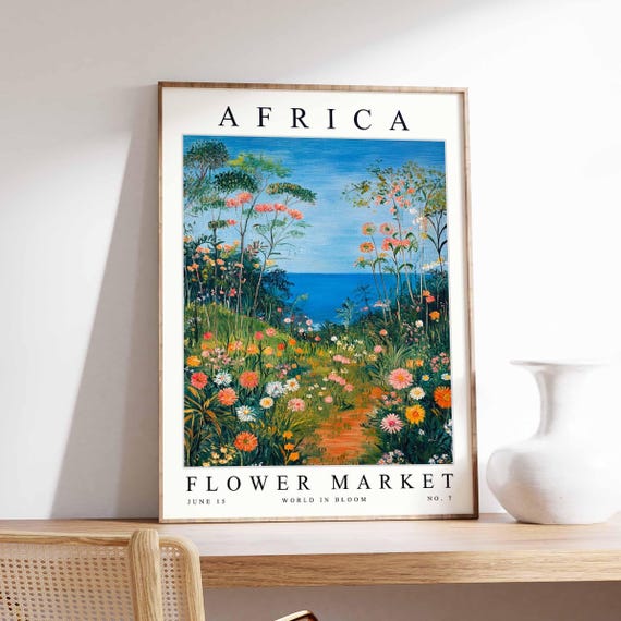 Africa Flower Market Poster Print African Street Scene Wall Art Colourful Botanical Decor Travel