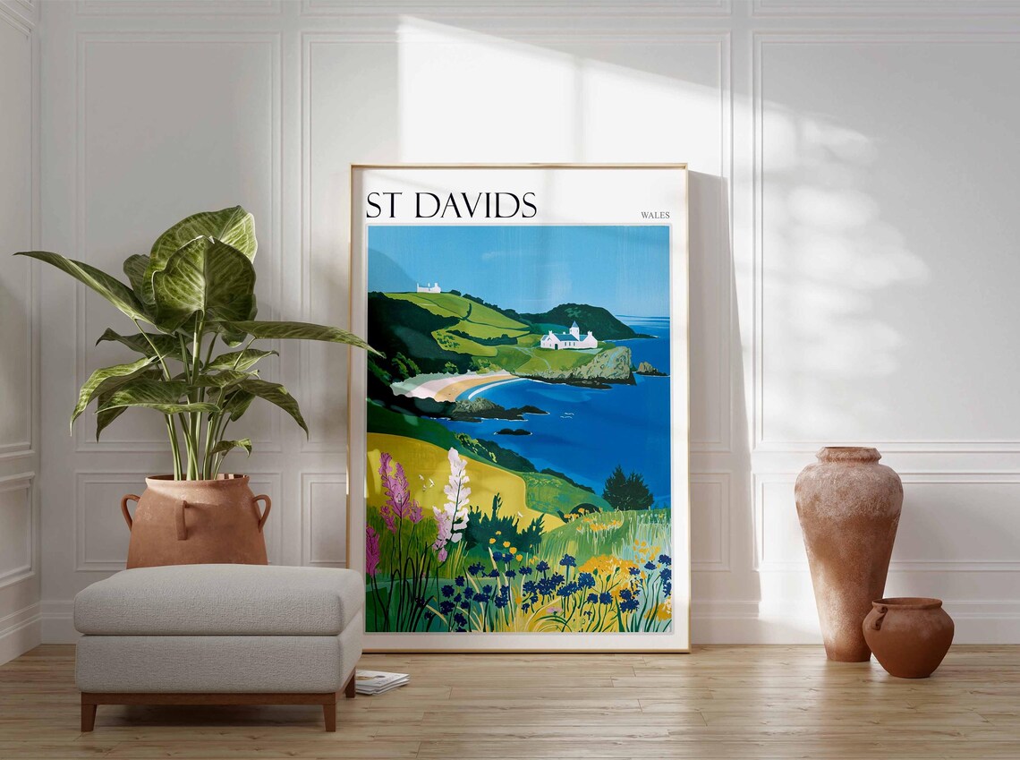 St Davids Wales Green Headland Church Wildflowers Art Poster - Image 2