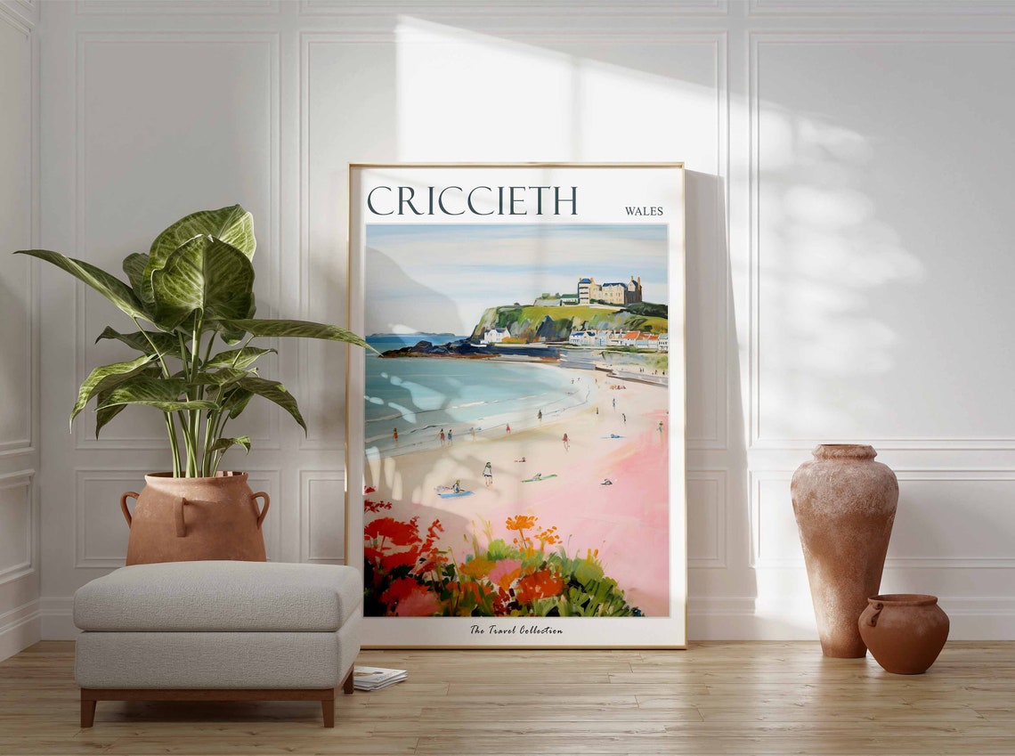 Criccieth Wales Pink Beach Castle Headland Travel Collection Poster - Image 3
