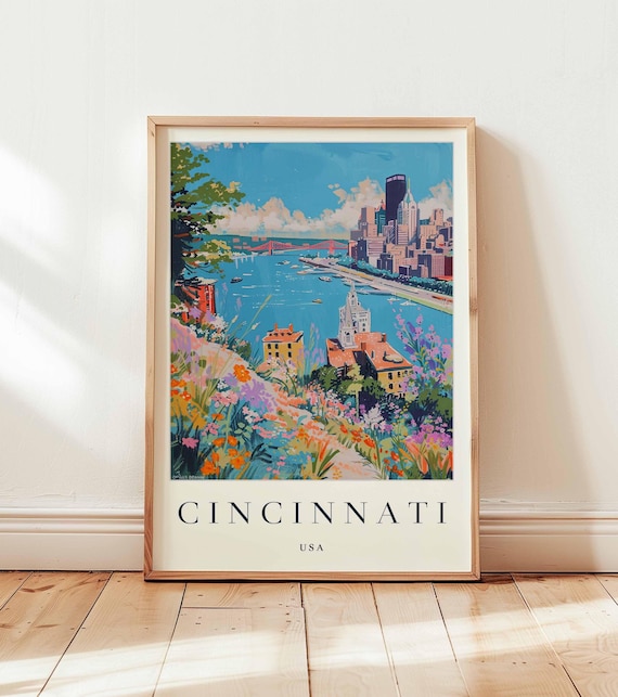 Cincinnati USA Riverfront Skyline Wildflowers Summer Scene Poster