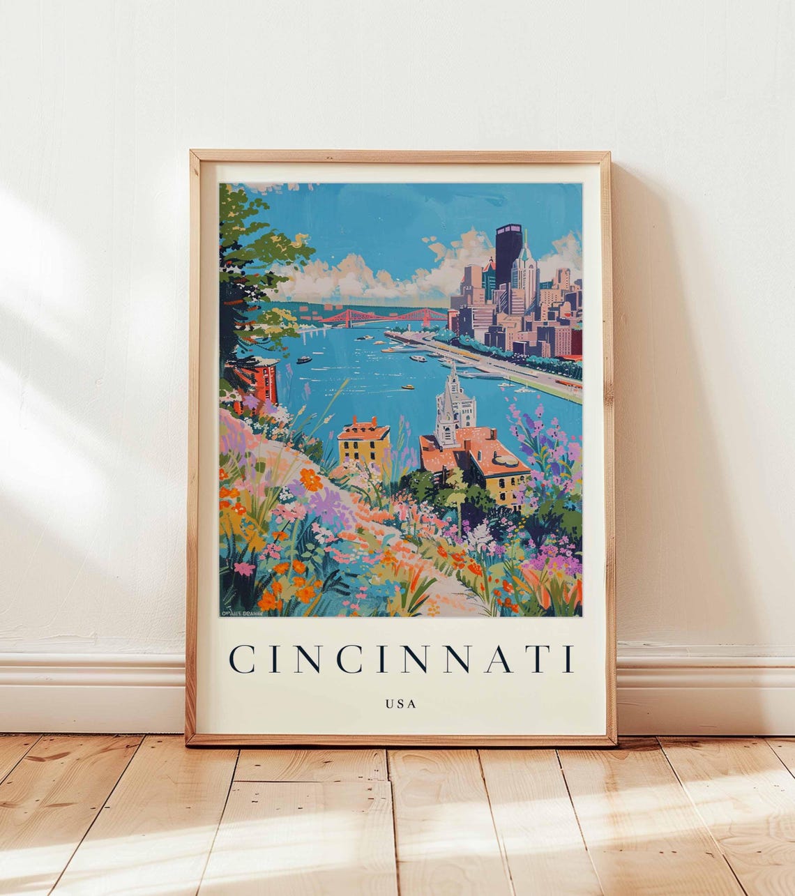 Cincinnati USA Riverfront Skyline Wildflowers Summer Scene Poster
