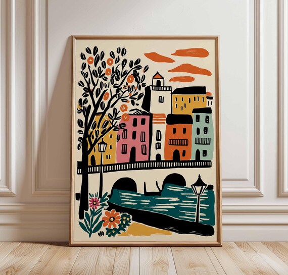 Colorful Canal Bridge Waterfront Illustrated Travel Style Poster