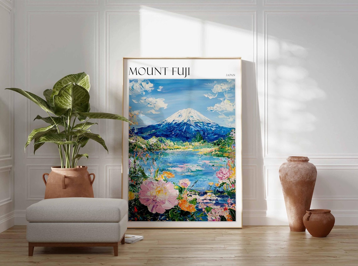 Mount Fuji Japan Lake Reflection with Pink Peony Blooms Travel Poster - Image 3