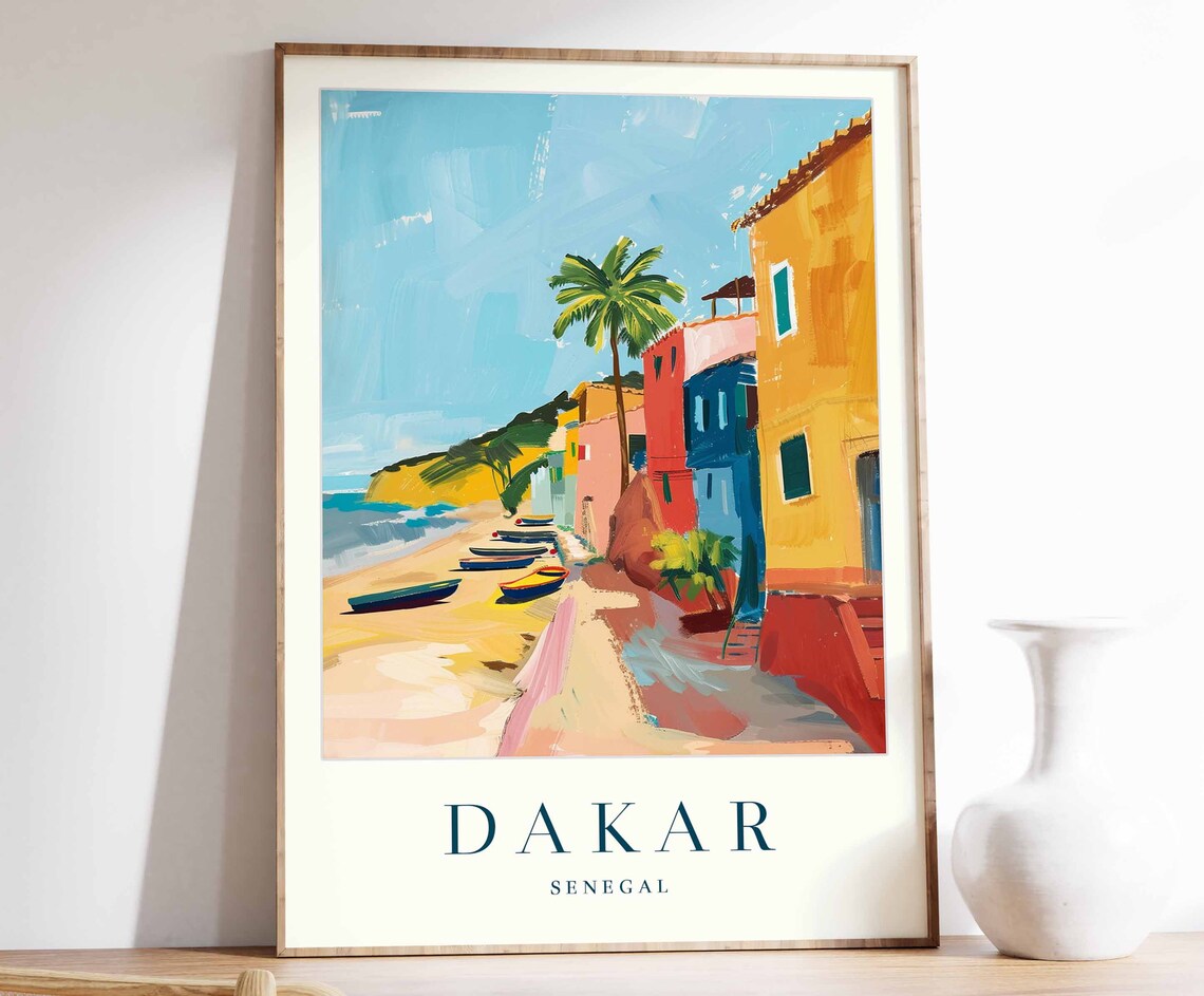 Dakar Senegal Beachside Colorful Buildings Pirogue Boats Travel Poster