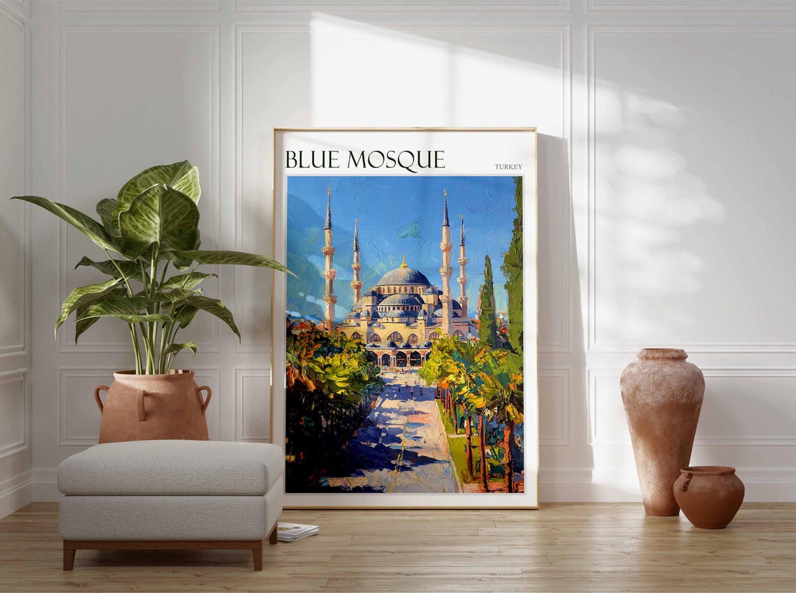 Blue Mosque Istanbul Palm Avenue Approach Bright Blue Sky Poster - Image 2