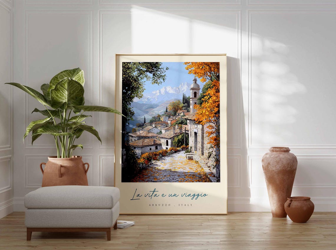 Abruzzo Autumn Cobblestone Street Bell Tower Snow Peaks Poster - Image 3