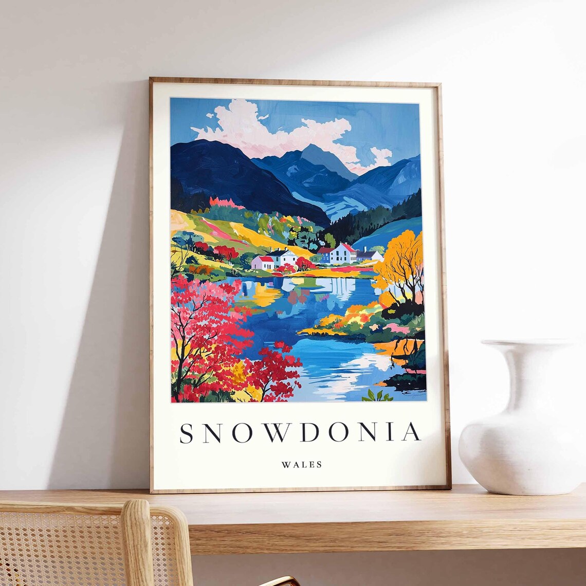 Snowdonia Wales Autumn Lake Crimson Trees Cottage Scenic Travel Poster