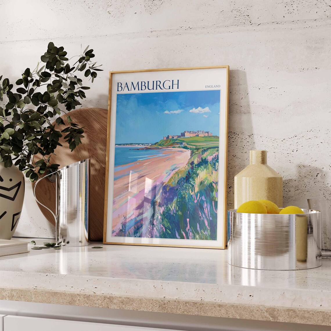 Bamburgh Castle Northumberland Pink Sand Beach Coastal Travel Poster - Image 2