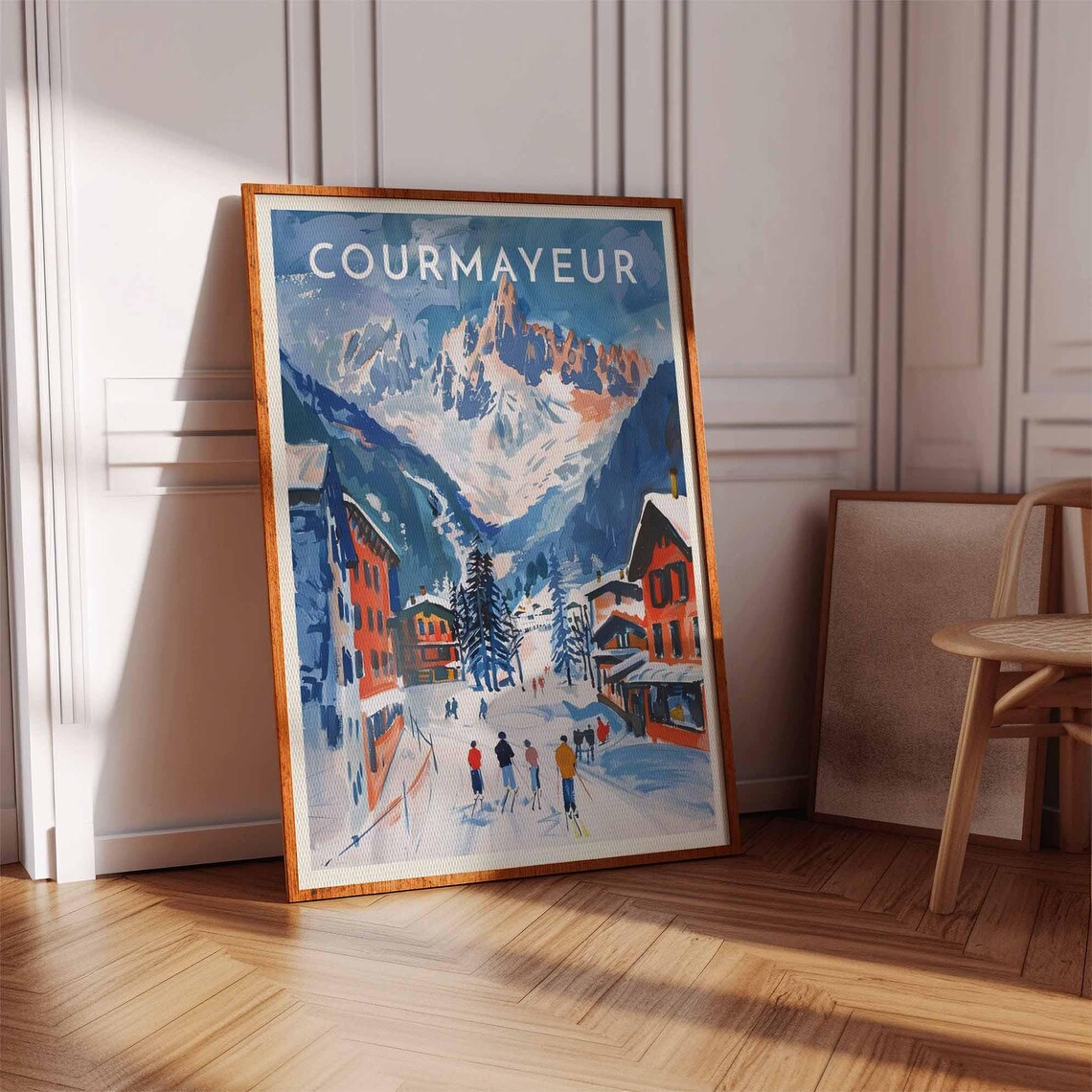 Courmayeur Italy Vibrant Alpine Street Poster with Skiers Scene - Image 2