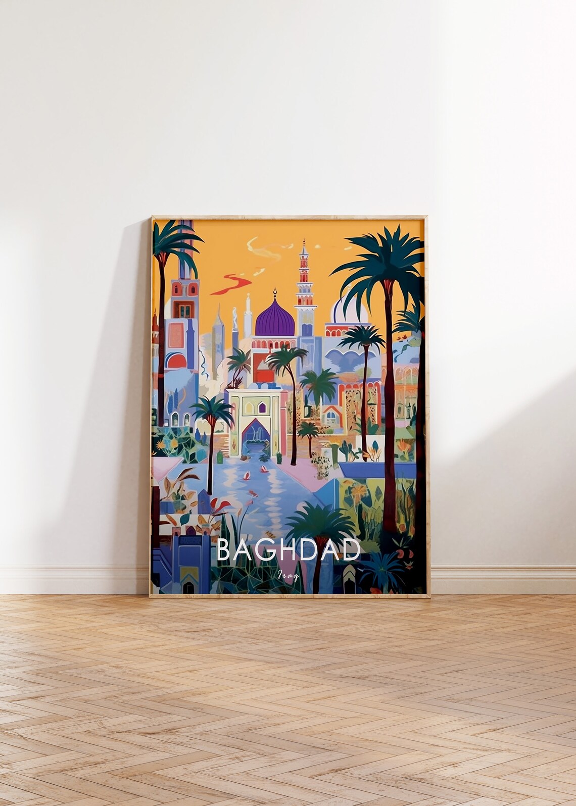 Baghdad Iraq Mosque Palm Trees Colorful Islamic Art Travel Poster - Image 2