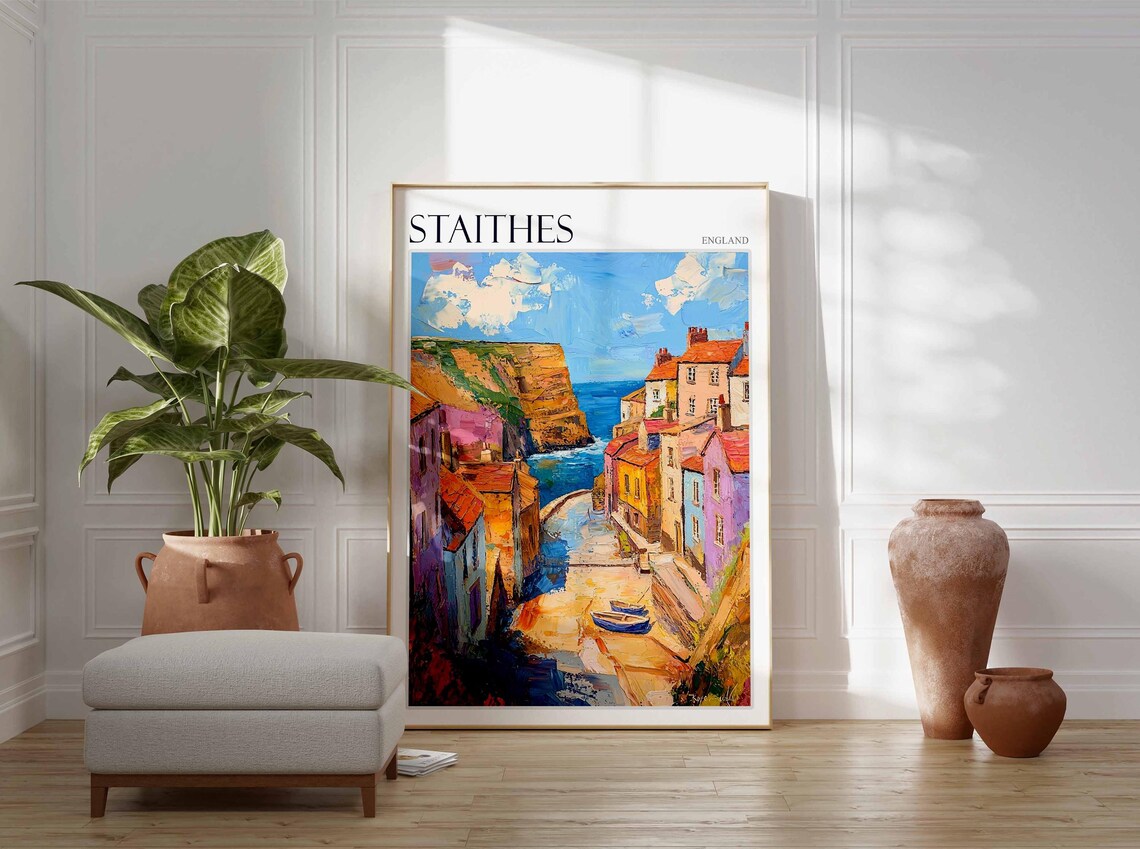 Staithes Colorful Lane Cliffs Fishing Village Painterly England Poster - Image 2