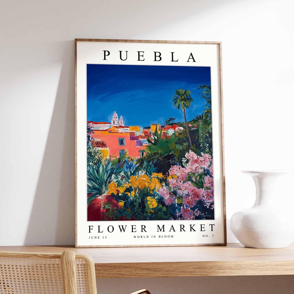 Puebla Evening Skyline Pink Facades Palm Flower Garden Travel Poster