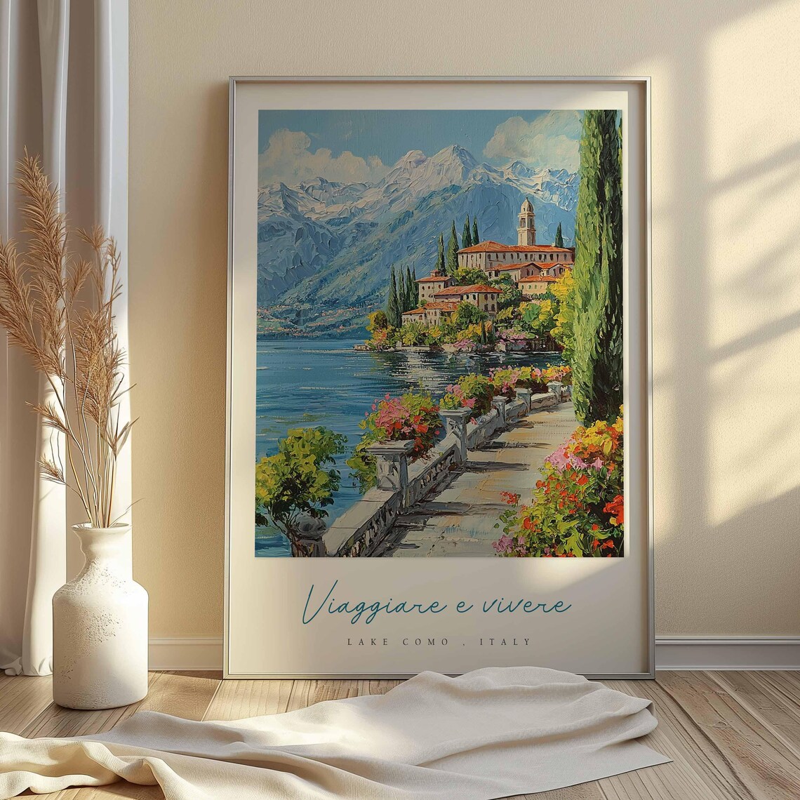 Lake Como Italy Sunny Terrace Path Balustrade Red Flowers Poster - Image 2