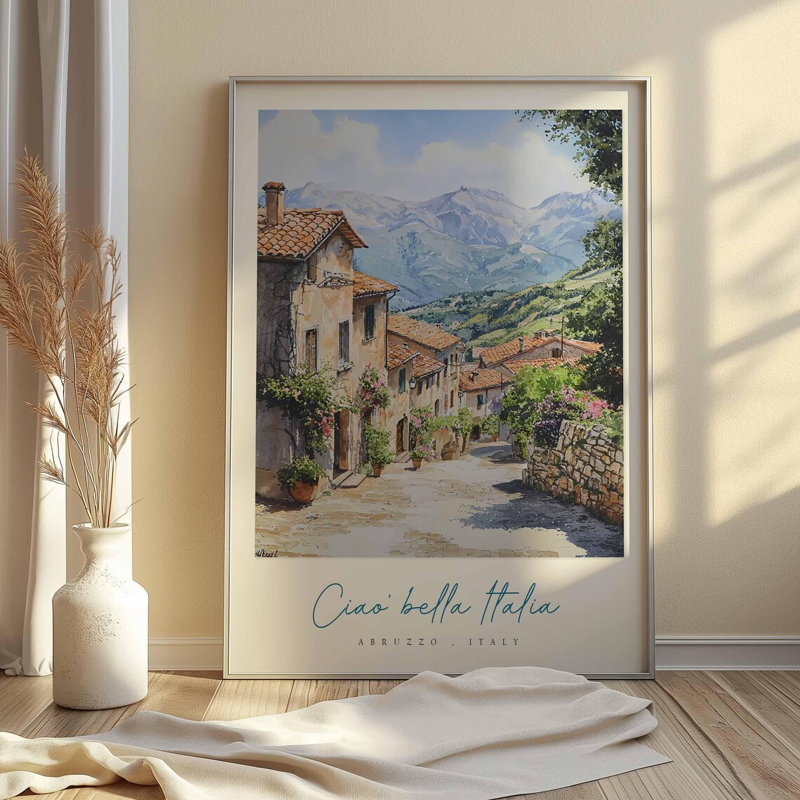 Abruzzo Stone Village Street Terracotta Roofs Mountain Poster - Image 2