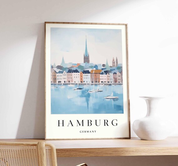 Hamburg Germany Pastel Harbor Sailboats Watercolor Skyline Poster