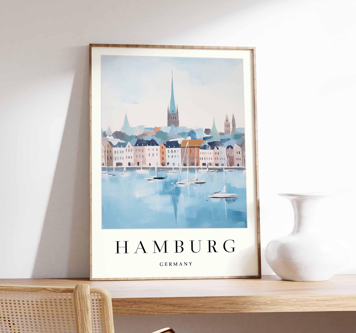 Hamburg Germany Pastel Harbor Sailboats Watercolor Skyline Poster