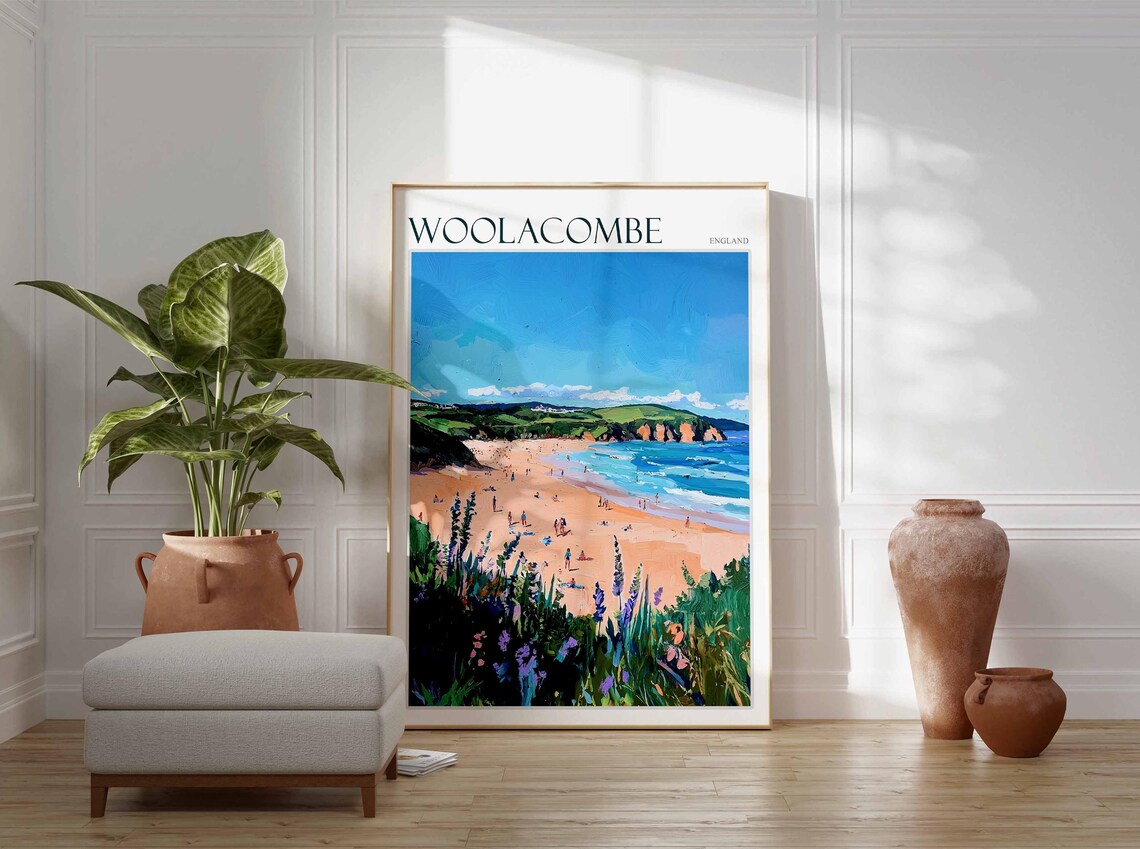 Woolacombe England Wildflower Cliffs Busy Beach Travel Poster - Image 2