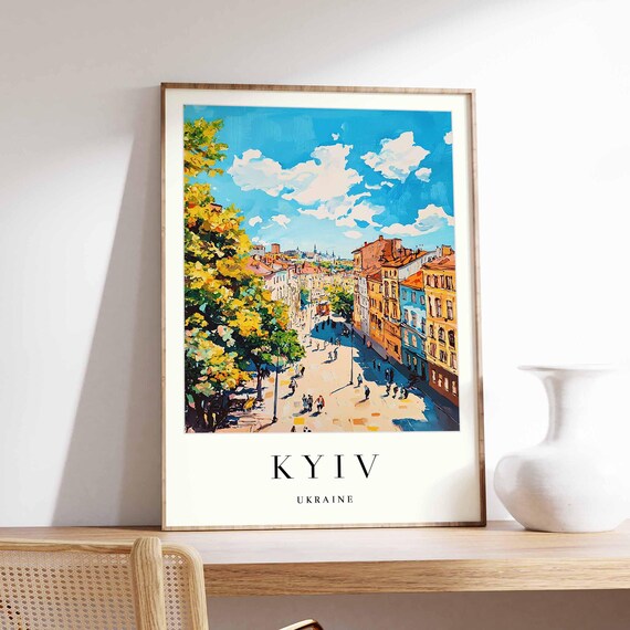 Kyiv Ukraine Lively Boulevard Yellow Trees Crowds Travel Art Poster