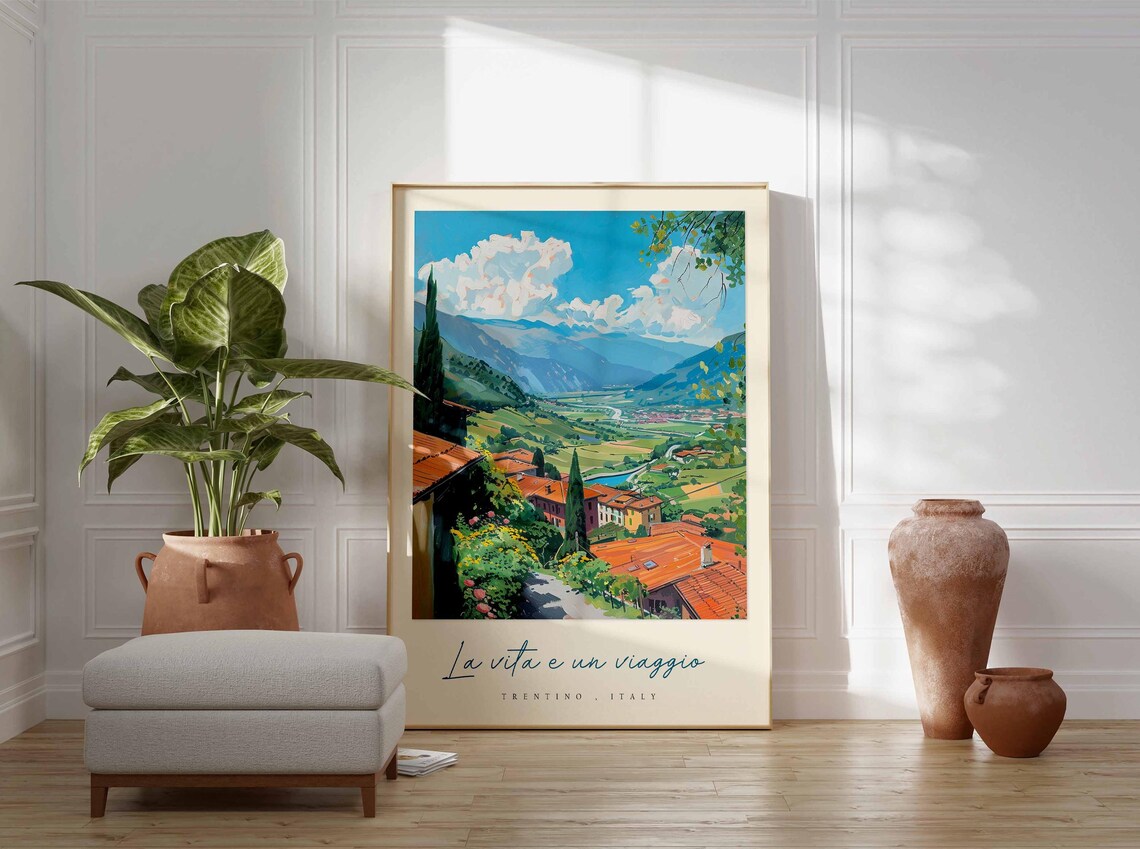 Trentino Italy Valley View Painting Terracotta Roofs River Poster - Image 3