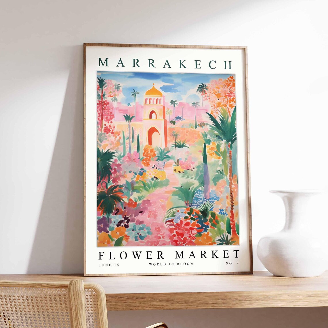 Marrakech Flower Market Watercolor Archway Tropical Path Poster