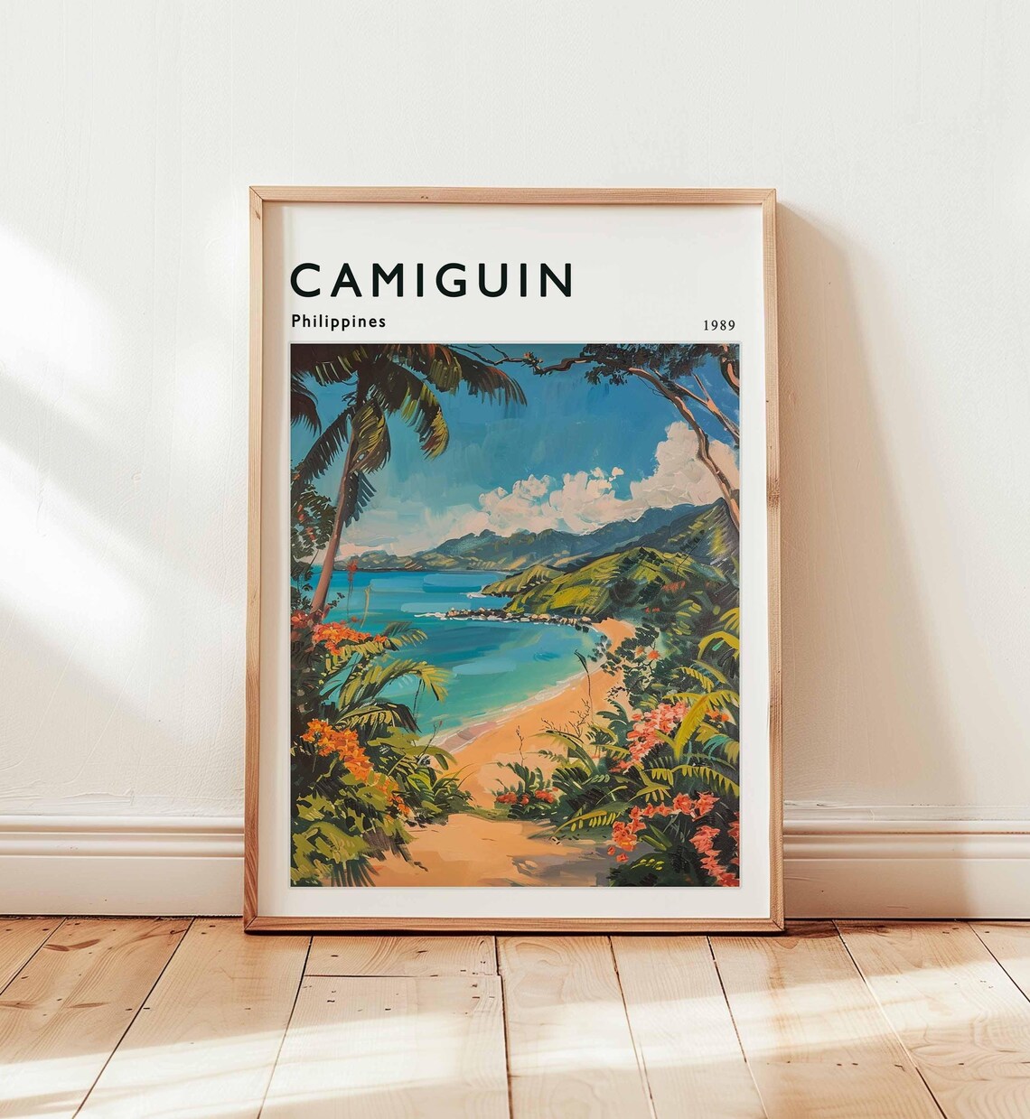 Camiguin Philippines 1989 Palm Framed Tropical Cove Vintage Travel Poster