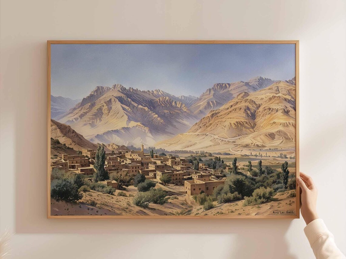Desert Mountain Village Valley Watercolor Landscape Art Poster