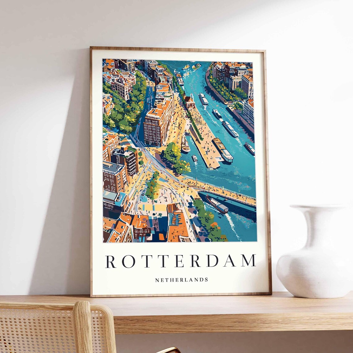 Rotterdam Netherlands Poster With Aerial Bridges River And Rooftops