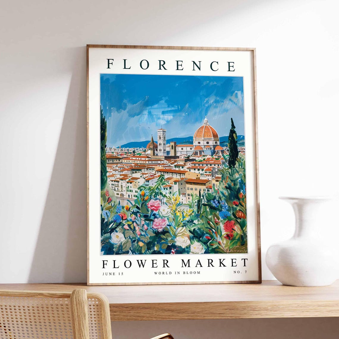 Florence Flower Market Purple Blossom Skyline Italian Art Poster