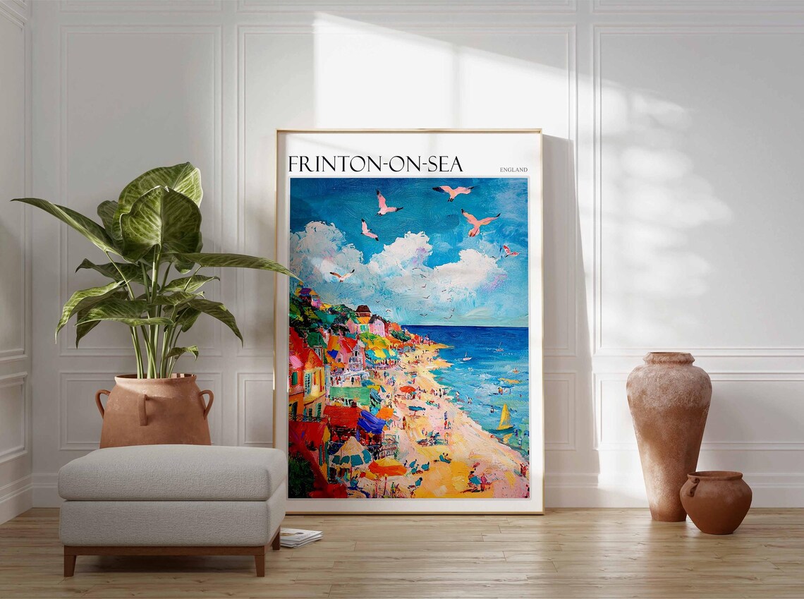Frinton On Sea Impressionist Seagulls Beach Umbrellas Colorful Town Poster - Image 3