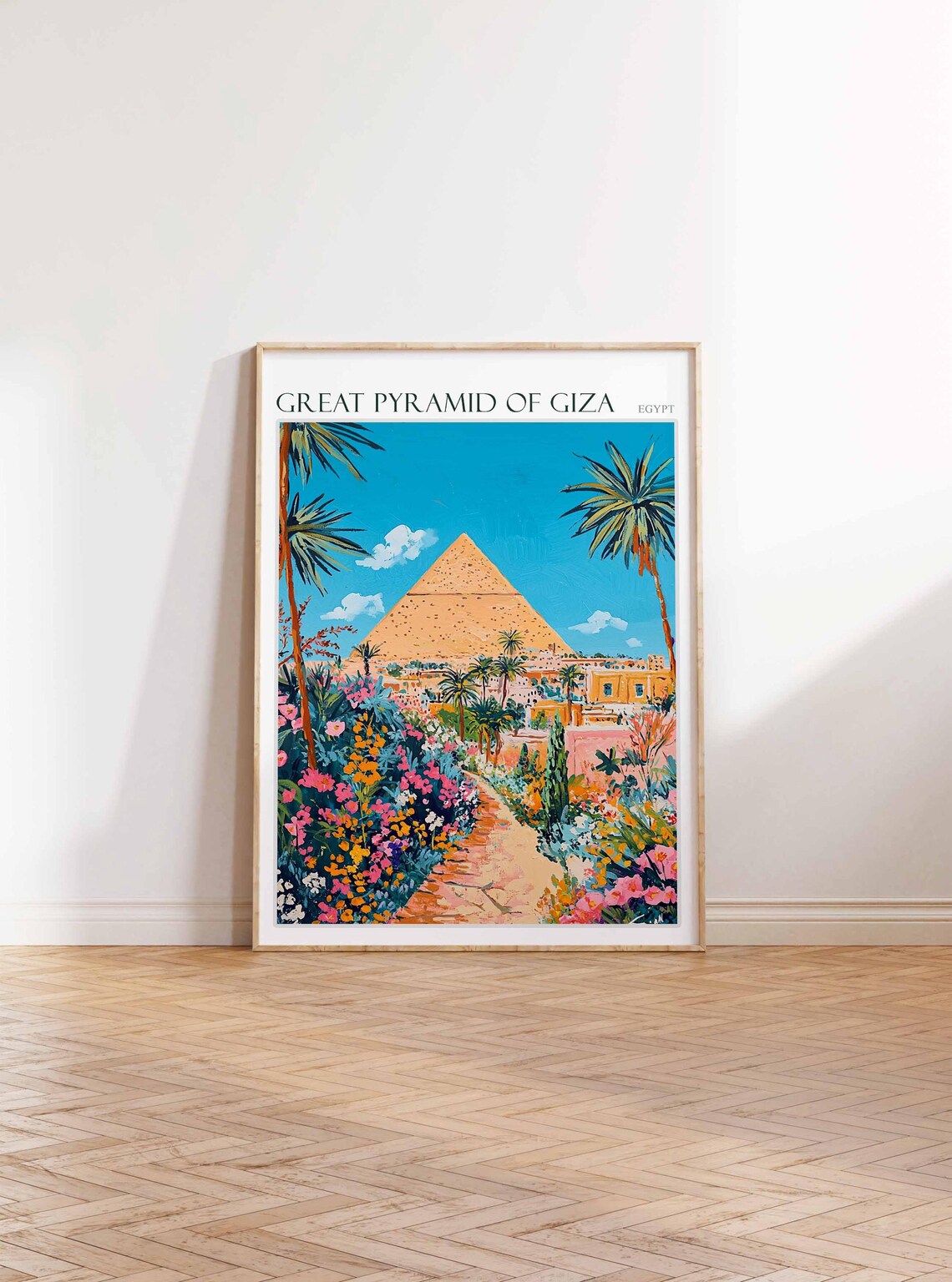 Great Pyramid of Giza Egypt Garden Path Palms Painting Poster - Image 3