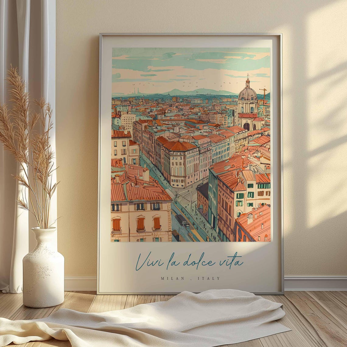Milan Rooftops Panorama Vintage Style Italy Travel Illustration Poster - Image 2