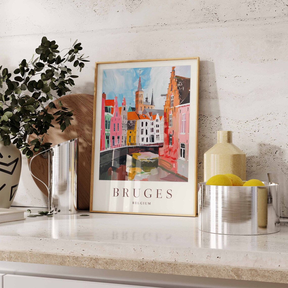 Bruges Belgium Colorful Canal Houses Church Art Illustration Poster - Image 3