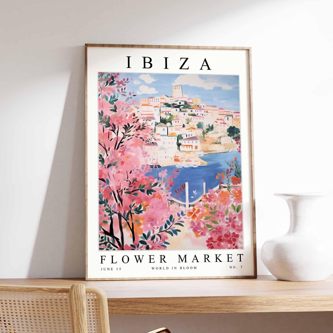 Ibiza Flower Market Pink Blossom Trees Old Town View Art Poster