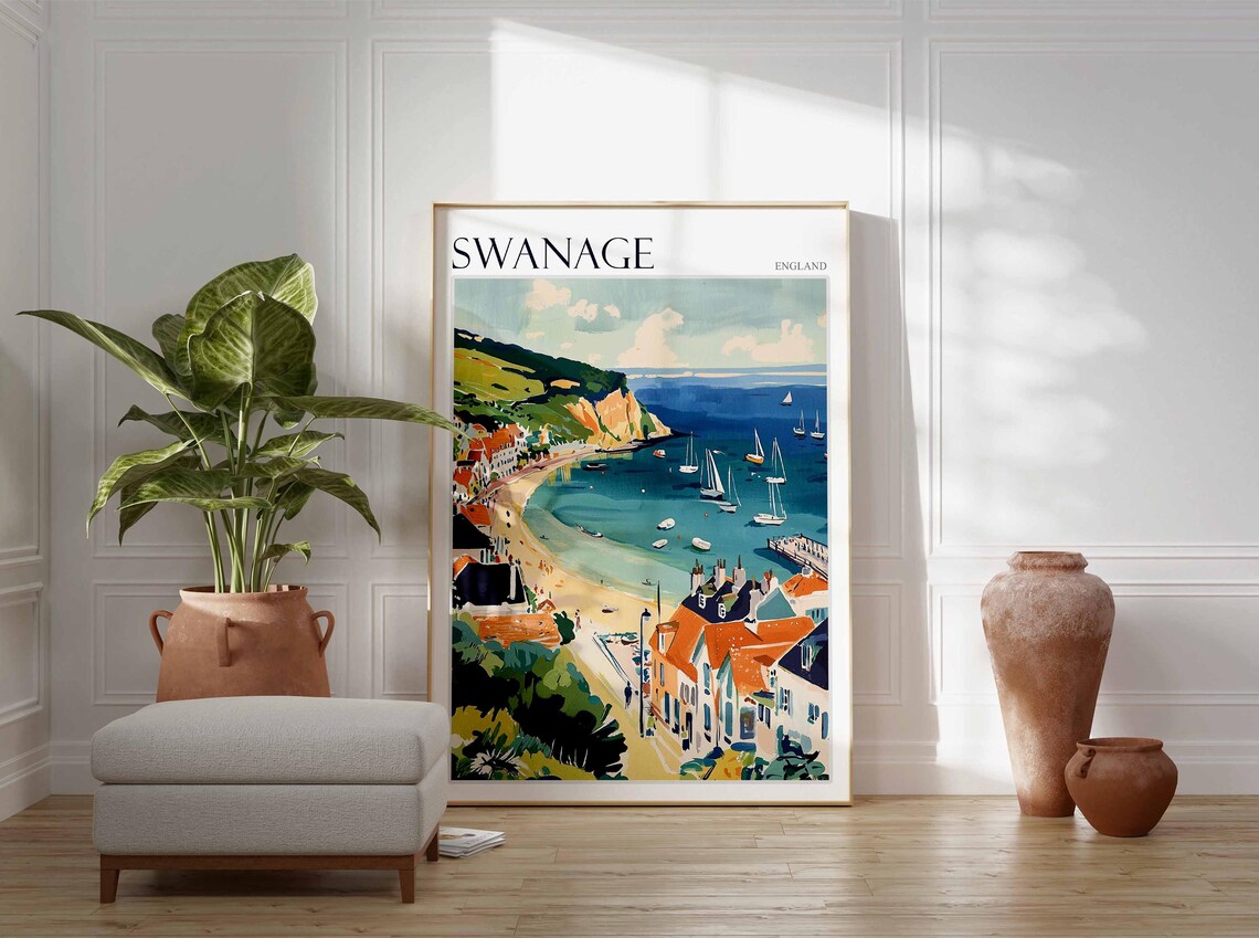 Swanage England Bay Cliffs Sailboats Vintage Style Travel Poster - Image 2